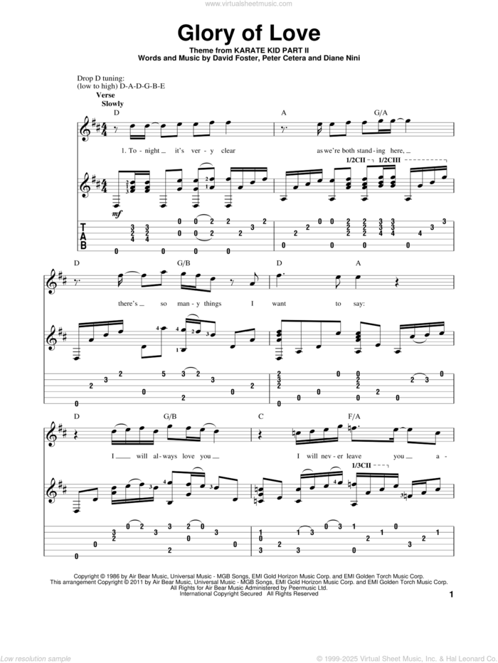 Glory Of Love sheet music for guitar solo by Peter Cetera, David Foster and Diane Nini, wedding score, intermediate skill level