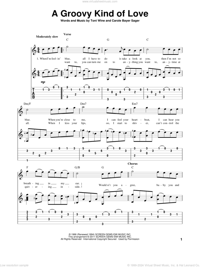 A Groovy Kind Of Love sheet music for guitar solo by The Mindbenders, Phil Collins, Carole Bayer Sager and Toni Wine, wedding score, intermediate skill level