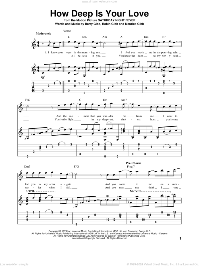 How Deep Is Your Love sheet music for guitar solo by Bee Gees, Barry Gibb, Maurice Gibb and Robin Gibb, intermediate skill level