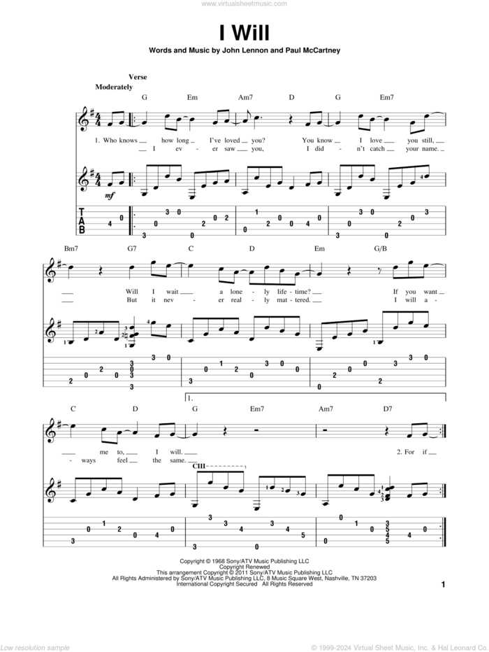 I Will sheet music for guitar solo by The Beatles, John Lennon and Paul McCartney, wedding score, intermediate skill level