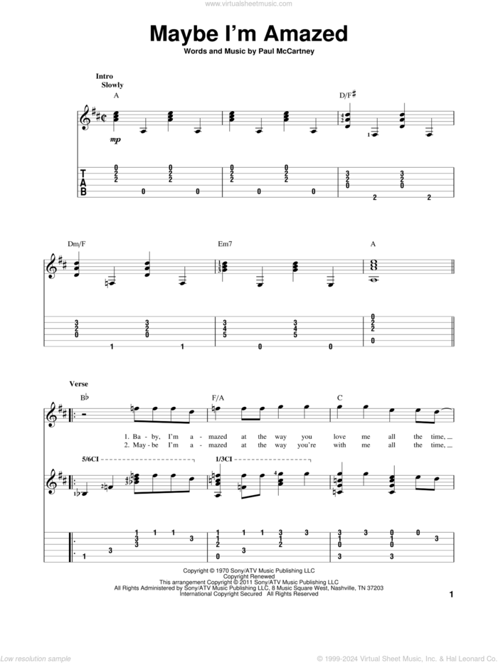 Maybe I'm Amazed sheet music for guitar solo by Paul McCartney, wedding score, intermediate skill level