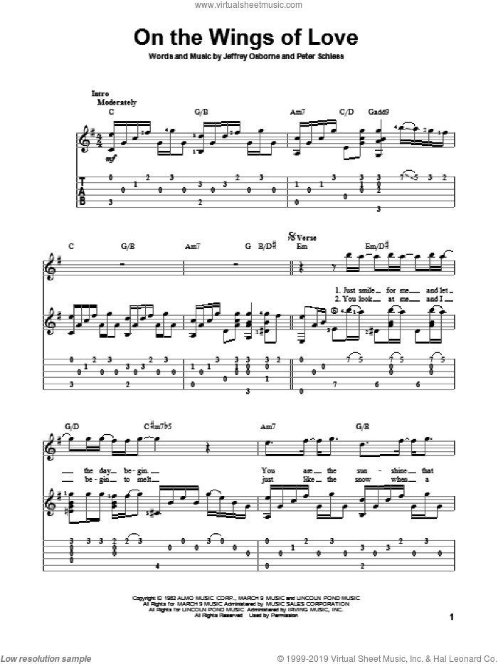 On The Wings Of Love sheet music for guitar solo by Jeffrey Osborne and Peter Schless, wedding score, intermediate skill level