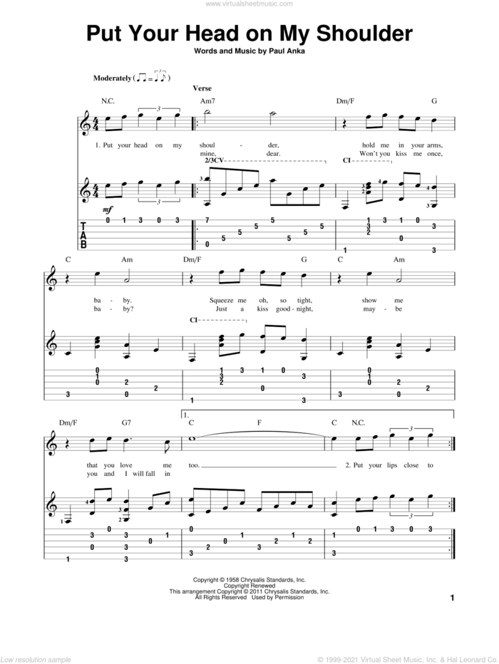 Put Your Head On My Shoulder sheet music for guitar solo by Paul Anka, wedding score, intermediate skill level