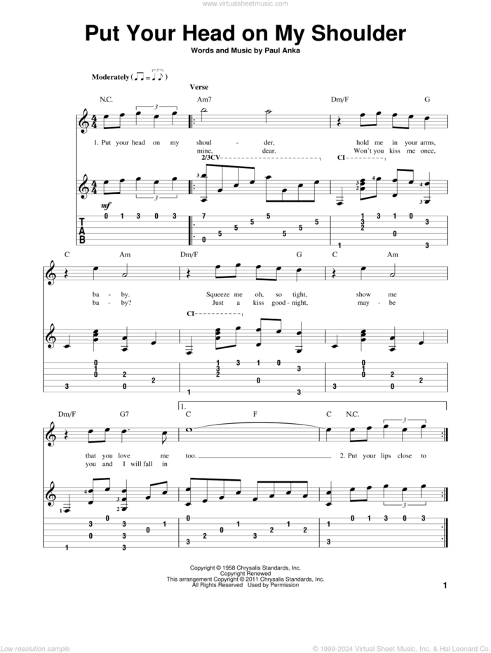 Put Your Head On My Shoulder sheet music for guitar solo by Paul Anka, wedding score, intermediate skill level