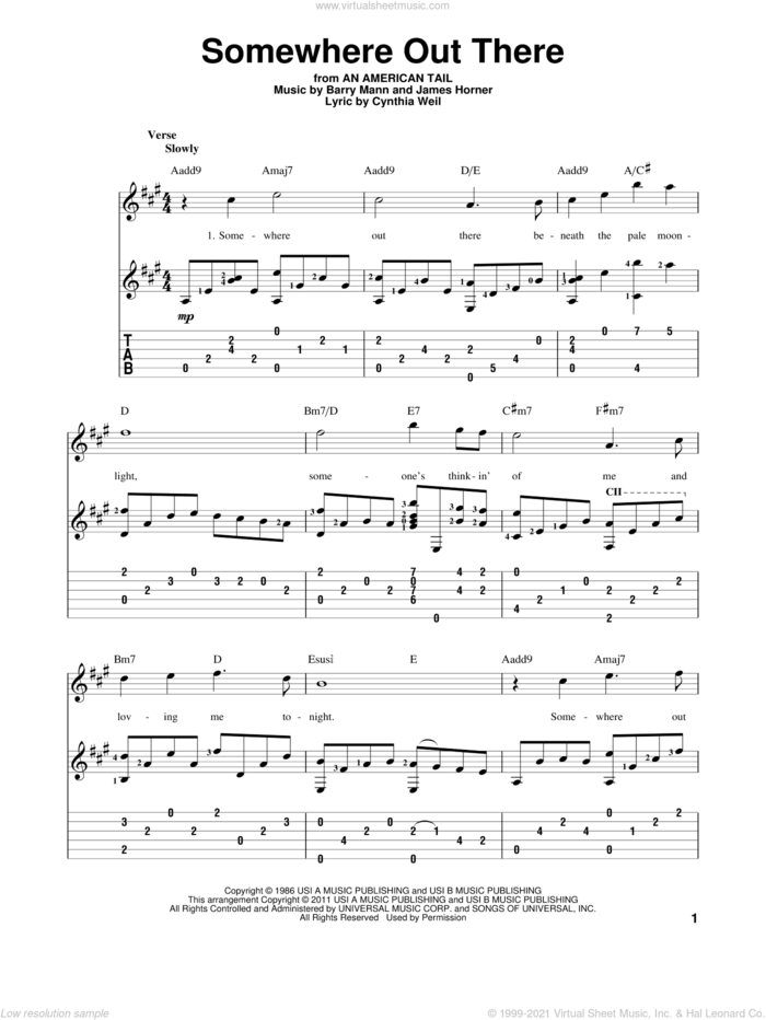 Somewhere Out There sheet music for guitar solo by Linda Ronstadt & James Ingram, Barry Mann, Cynthia Weil and James Horner, intermediate skill level
