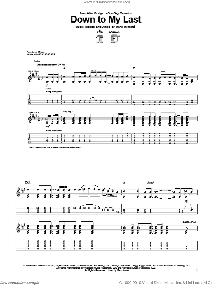 Down To My Last sheet music for guitar (tablature) by Alter Bridge and Mark Tremonti, intermediate skill level