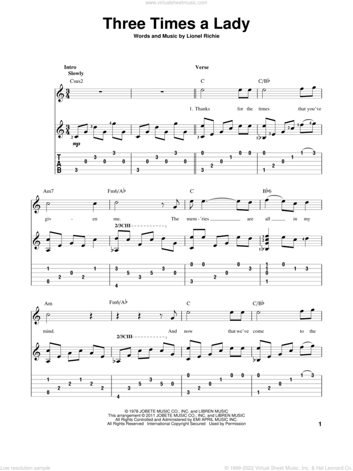 Three Times A Lady sheet music for guitar solo by The Commodores and Lionel Richie, intermediate skill level