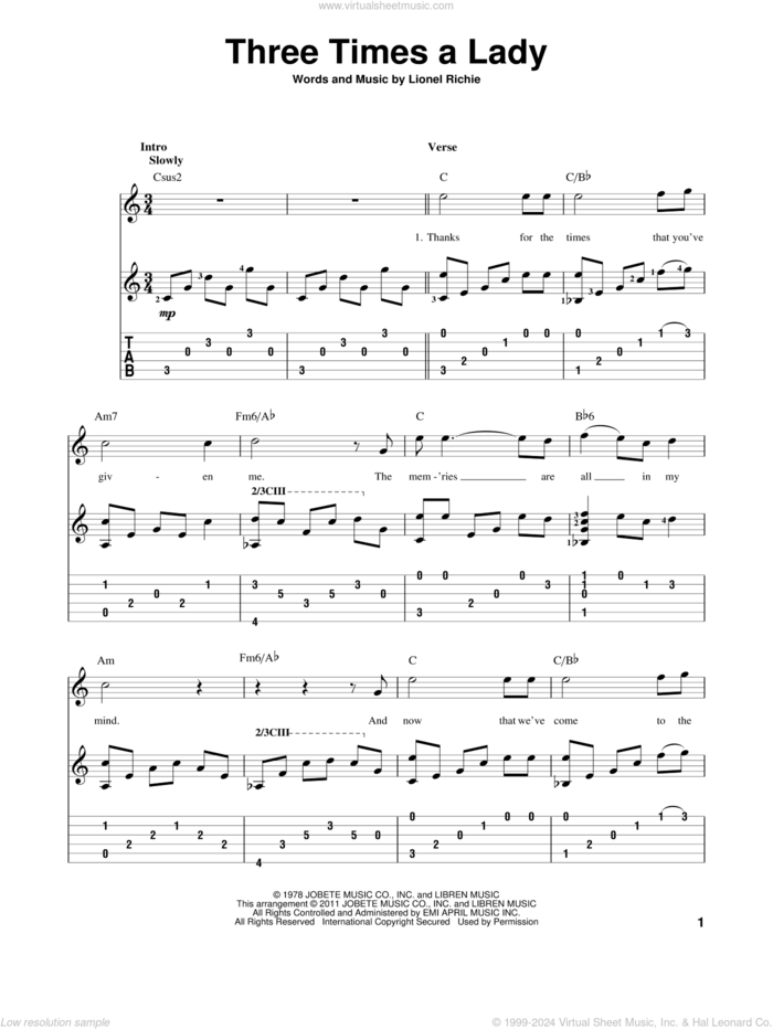 Three Times A Lady sheet music for guitar solo by The Commodores and Lionel Richie, intermediate skill level
