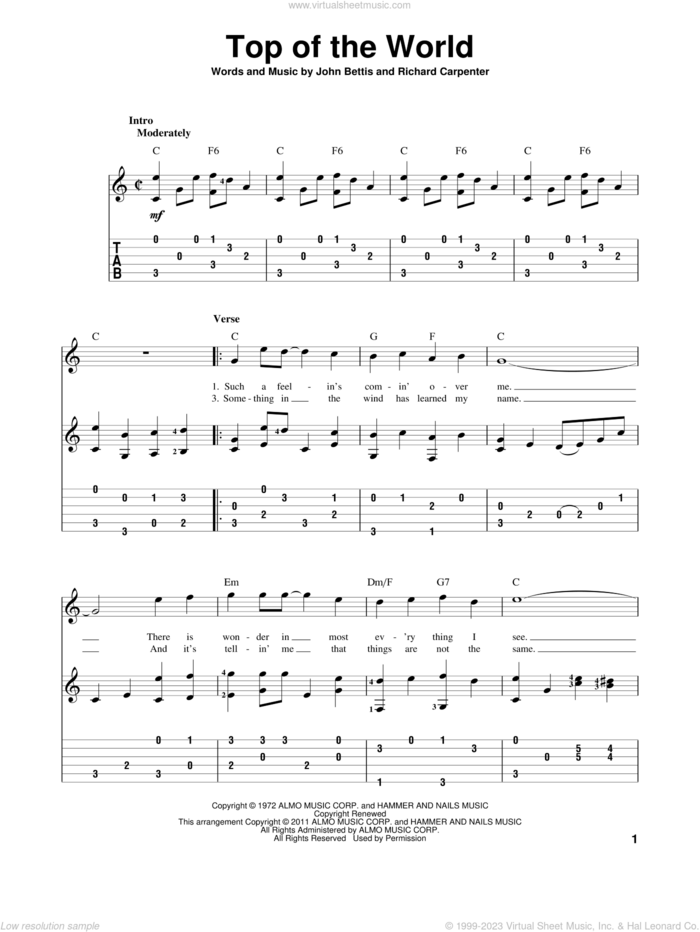 Top Of The World sheet music for guitar solo by Carpenters, John Bettis and Richard Carpenter, intermediate skill level