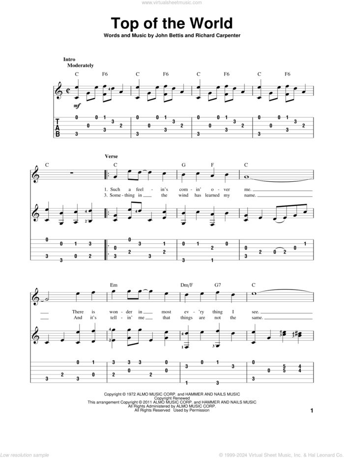 Top Of The World sheet music for guitar solo by Carpenters, John Bettis and Richard Carpenter, intermediate skill level