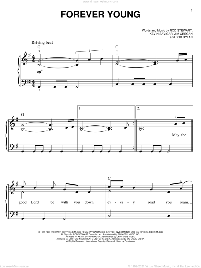 Forever Young sheet music for piano solo by Rod Stewart, Bob Dylan, Jim Cregan and Kevin Savigar, easy skill level
