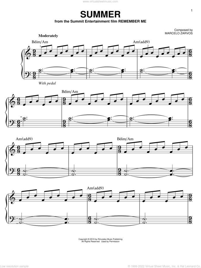 Summer, (easy) sheet music for piano solo by Marcelo Zarvos, easy skill level