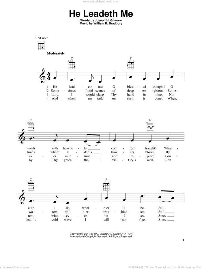 He Leadeth Me sheet music for ukulele by William B. Bradbury and Joseph H. Gilmore, intermediate skill level