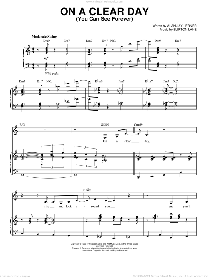 On A Clear Day (You Can See Forever) sheet music for voice and piano by Alan Jay Lerner and Burton Lane, intermediate skill level