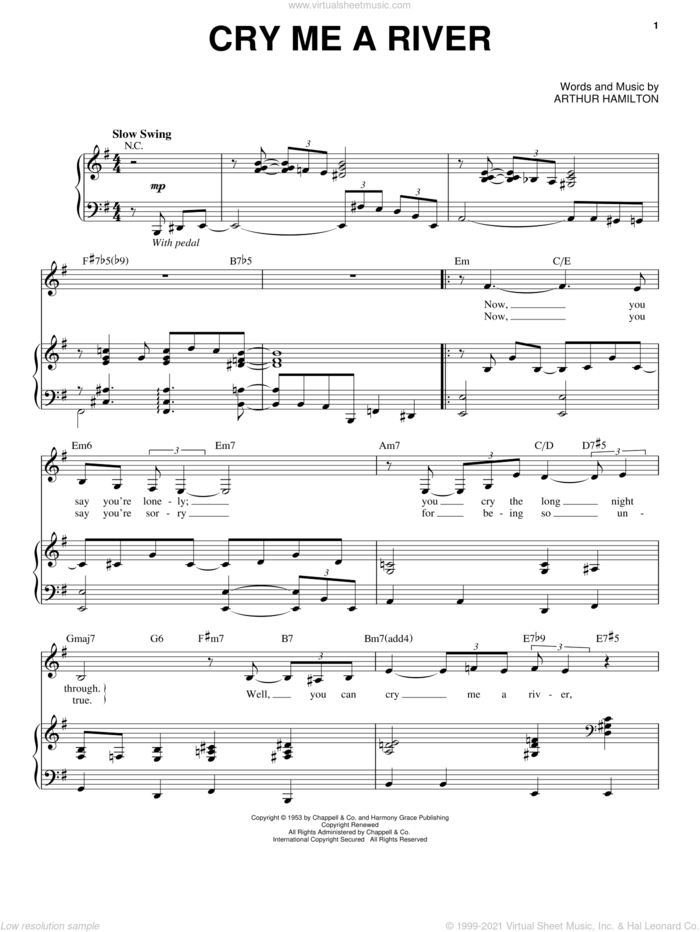 Cry Me A River sheet music for voice and piano by Arthur Hamilton, Janice Harper, Joe Cocker and Julie London, intermediate skill level