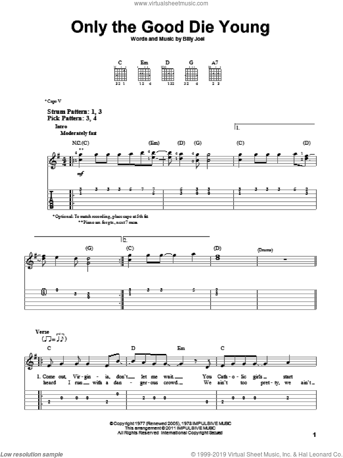 Only The Good Die Young sheet music for guitar solo (easy tablature) by Billy Joel, easy guitar (easy tablature)