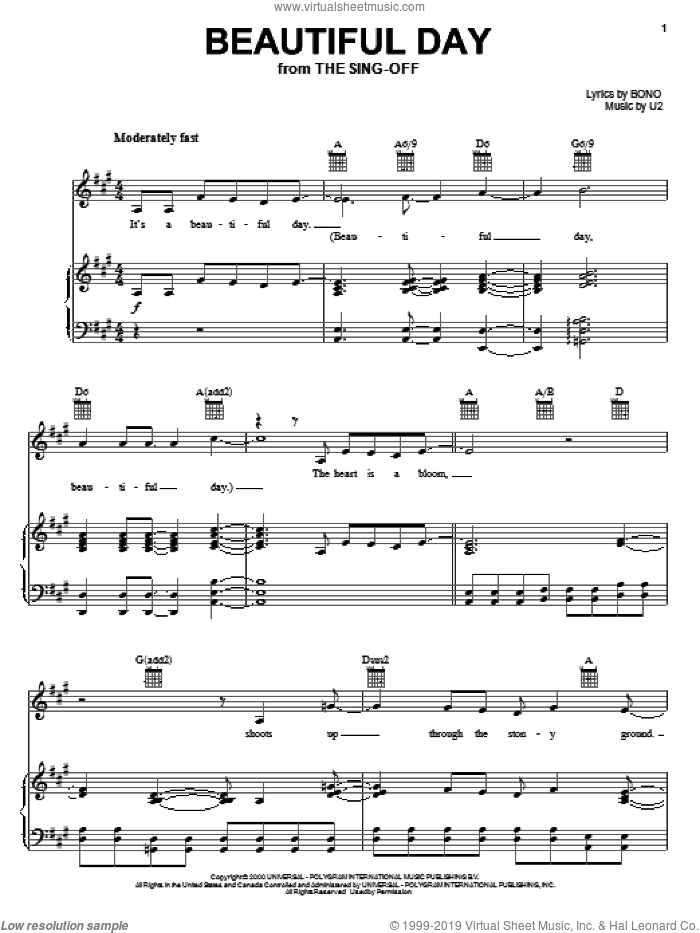 Beautiful Day sheet music for voice, piano or guitar by U2 and Bono, intermediate skill level