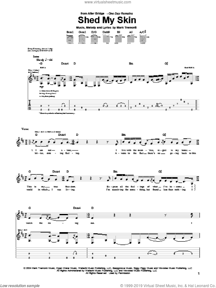Shed My Skin sheet music for guitar (tablature) by Alter Bridge and Mark Tremonti, intermediate skill level
