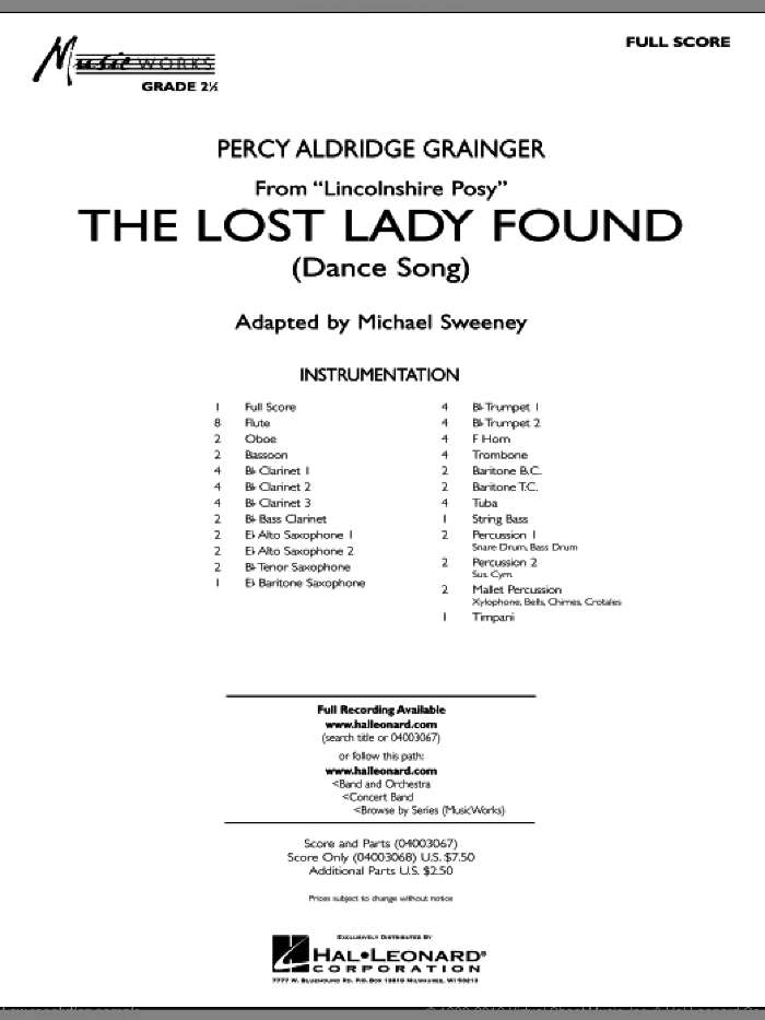 The Lost Lady Found (from 'Lincolnshire Posy') (COMPLETE) sheet music for concert band by Michael Sweeney and Percy Aldridge Grainger, classical score, intermediate skill level
