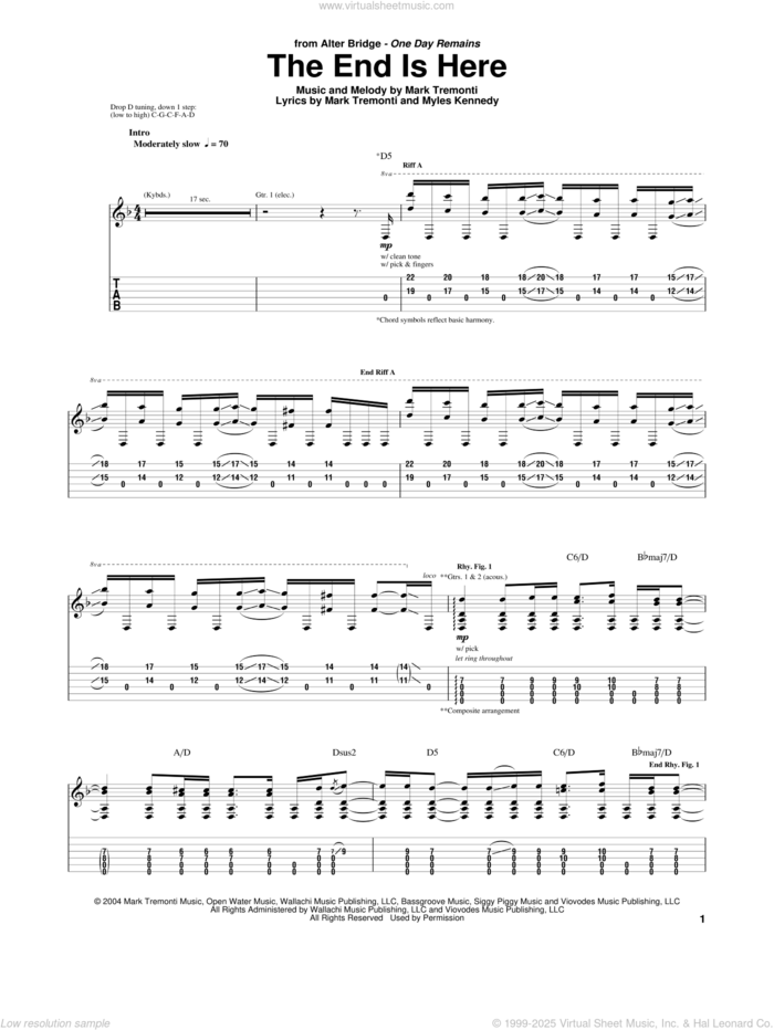 The End Is Here sheet music for guitar (tablature) by Alter Bridge, Mark Tremonti and Myles Kennedy, intermediate skill level