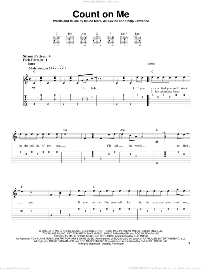 Count On Me Sheet Music For Guitar Solo (Easy Tablature) (Pdf)