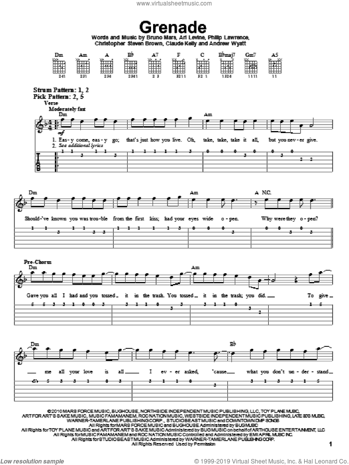 Grenade sheet music for guitar solo (easy tablature) by Bruno Mars, Andrew Wyatt, Ari Levine, Christopher Steven Brown, Claude Kelly and Philip Lawrence, easy guitar (easy tablature)