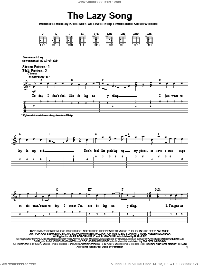 The Lazy Song sheet music for guitar solo (easy tablature) by Bruno Mars, Ari Levine, Keinan Warsame and Philip Lawrence, easy guitar (easy tablature)