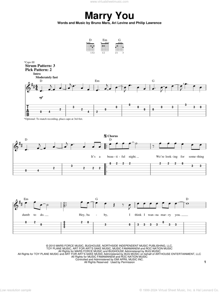 Marry You sheet music for guitar solo (easy tablature) by Bruno Mars, Ari Levine and Philip Lawrence, wedding score, easy guitar (easy tablature)