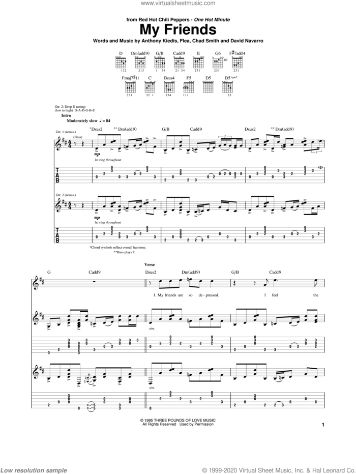 My Friends sheet music for guitar (tablature) by Red Hot Chili Peppers, Anthony Kiedis, Chad Smith, David Navarro and Flea, intermediate skill level