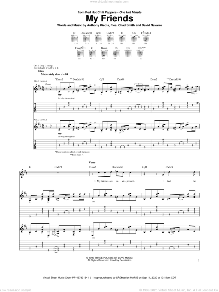 My Friends sheet music for guitar (tablature) by Red Hot Chili Peppers, Anthony Kiedis, Chad Smith, David Navarro and Flea, intermediate skill level