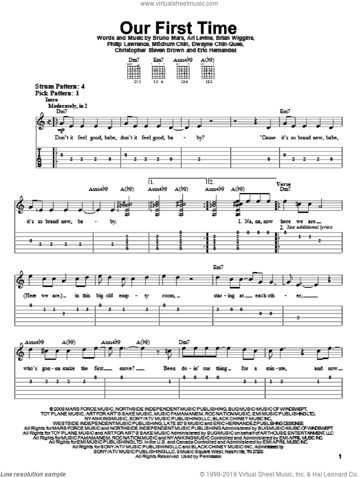 Our First Time sheet music for guitar solo (easy tablature) by Bruno Mars, Ari Levine, Brian Wiggins, Christopher Steven Brown, Dwayne Chin-Quee, Eric Hernandez, Mitchum Chin and Philip Lawrence, easy guitar (easy tablature)