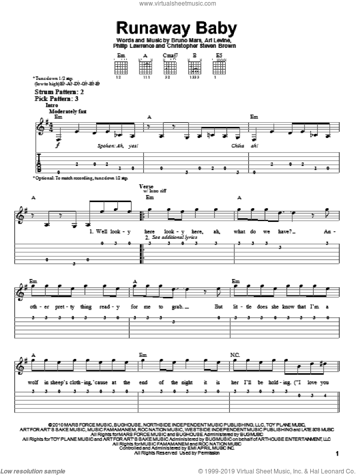 Runaway Baby sheet music for guitar solo (easy tablature) by Bruno Mars, Ari Levine, Christopher Steven Brown and Philip Lawrence, easy guitar (easy tablature)