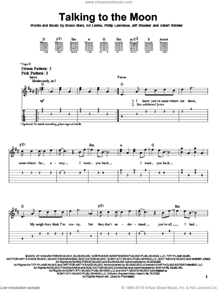 Talking To The Moon sheet music for guitar solo (easy tablature) by Bruno Mars, Albert Winkler, Ari Levine, Jeff Bhasker and Philip Lawrence, easy guitar (easy tablature)