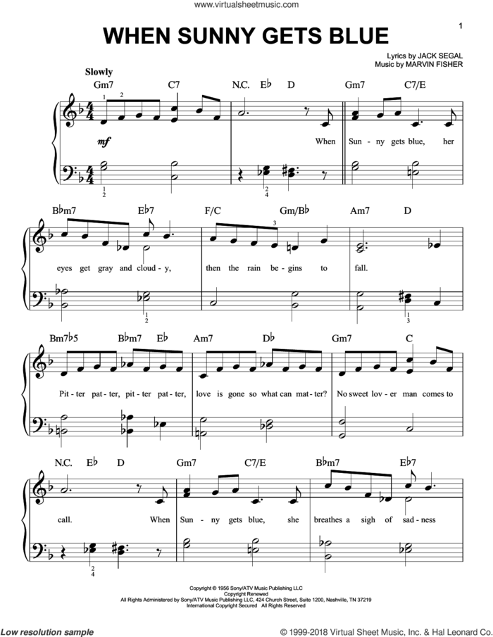 When Sunny Gets Blue, (beginner) sheet music for piano solo by Jack Segal and Marvin Fisher, beginner skill level