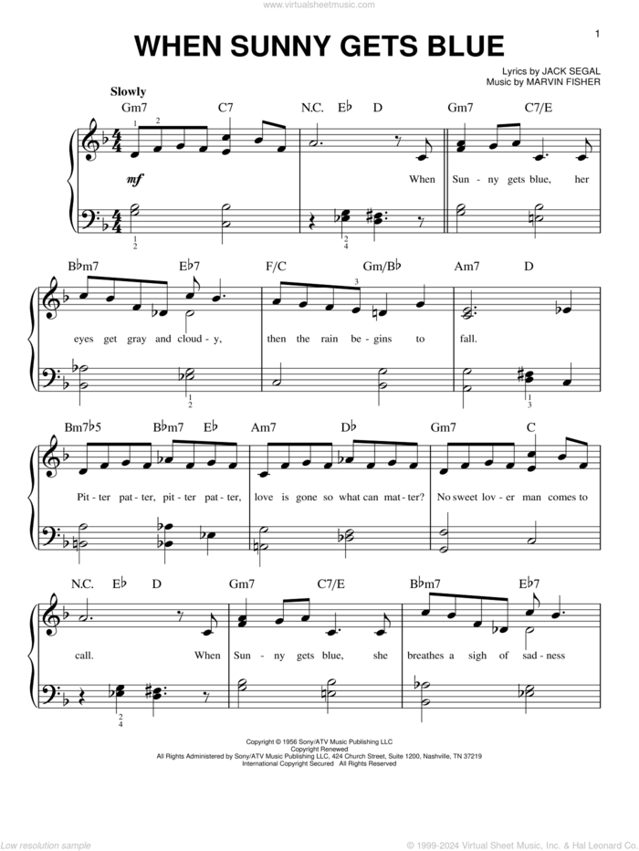 When Sunny Gets Blue, (beginner) sheet music for piano solo by Jack Segal and Marvin Fisher, beginner skill level