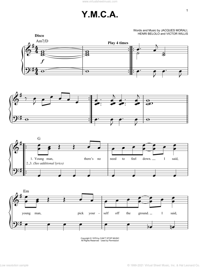 Y.M.C.A. sheet music for piano solo by Village People, Henri Belolo, Jacques Morali and Victor Willis, easy skill level