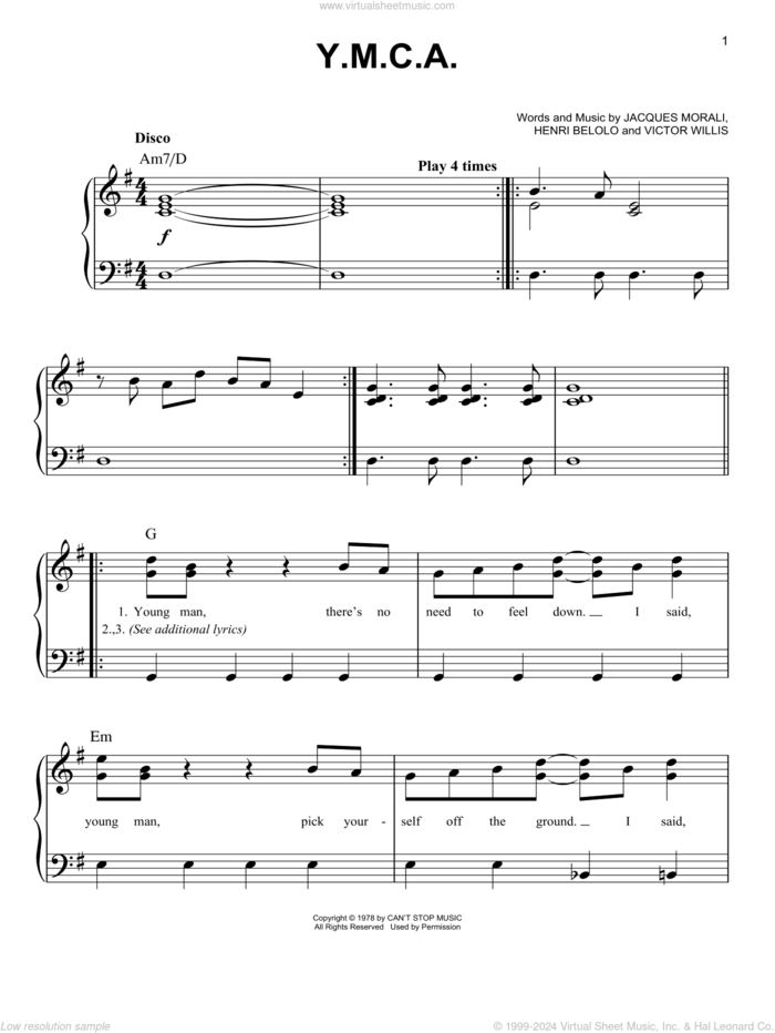 Y.M.C.A. sheet music for piano solo by Village People, Henri Belolo, Jacques Morali and Victor Willis, easy skill level