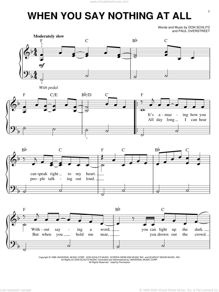 When You Say Nothing At All, (easy) sheet music for piano solo by Alison Krauss & Union Station, Keith Whitley, Don Schlitz and Paul Overstreet, wedding score, easy skill level