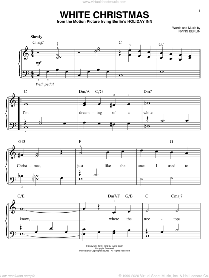 White Christmas, (beginner) sheet music for piano solo by Irving Berlin, Garth Brooks, Martina McBride and Taylor Swift, beginner skill level