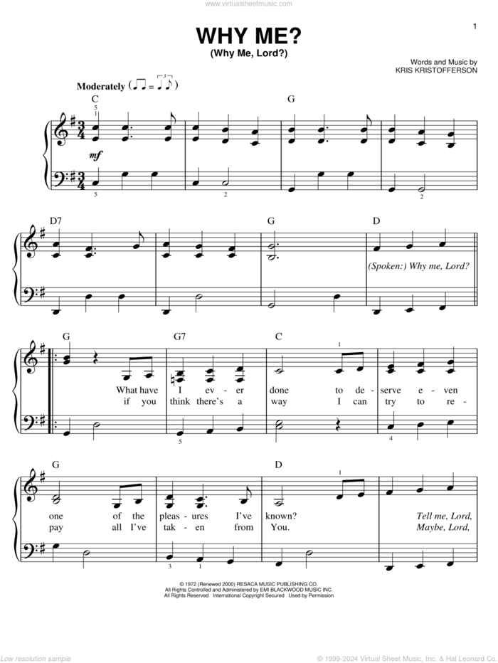 Why Me? (Why Me, Lord?) sheet music for piano solo by Kris Kristofferson and Cristy Lane, easy skill level