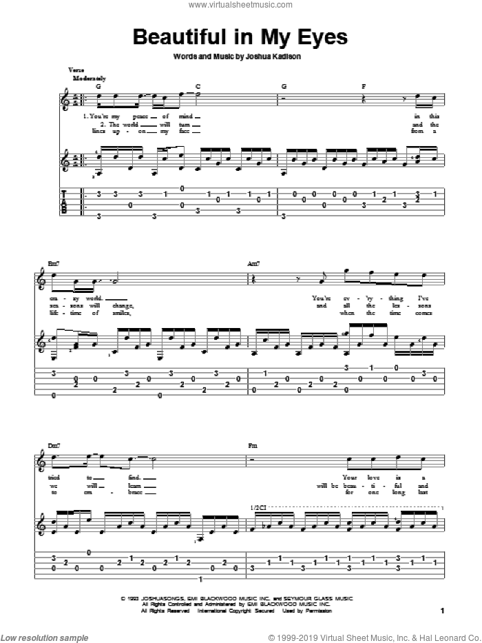 Beautiful In My Eyes sheet music for guitar solo by Joshua Kadison, wedding score, intermediate skill level