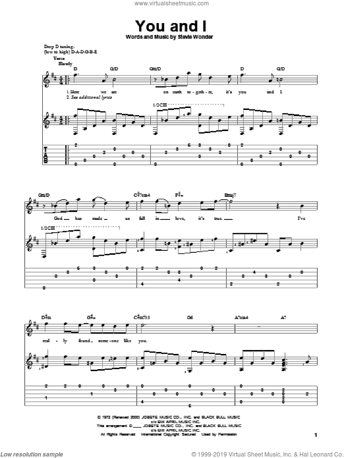 You And I sheet music for guitar solo by Stevie Wonder, wedding score, intermediate skill level