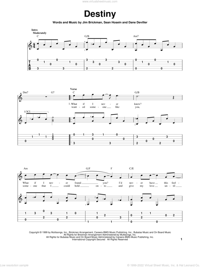 Destiny sheet music for guitar solo by Jim Brickman, Dane Deviller and Sean Hosein, intermediate skill level