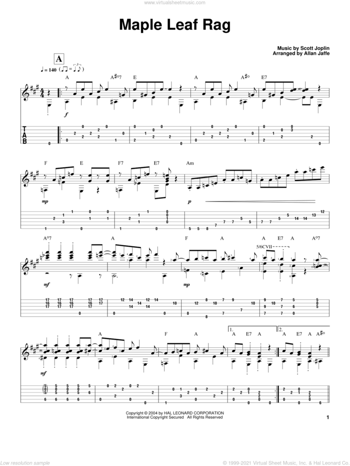 Maple Leaf Rag sheet music for guitar solo by Scott Joplin, Bob Russell and Jule Styne, intermediate skill level