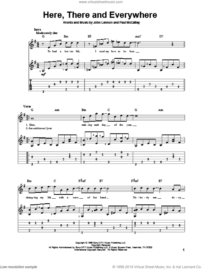 Here, There And Everywhere, (intermediate) sheet music for guitar solo by The Beatles, John Lennon and Paul McCartney, wedding score, intermediate skill level
