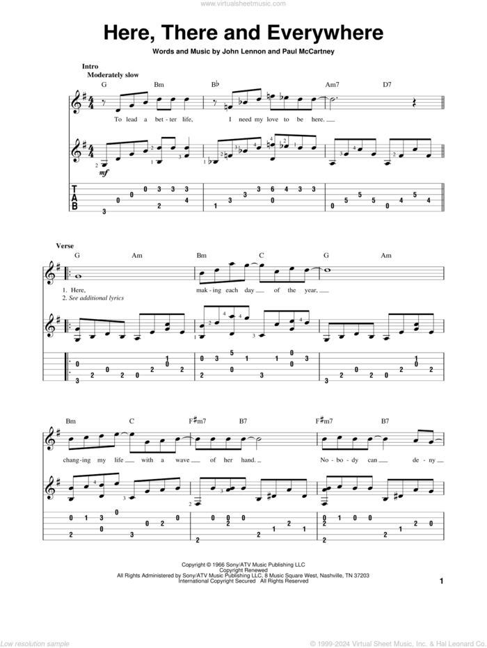 Here, There And Everywhere, (intermediate) sheet music for guitar solo by The Beatles, John Lennon and Paul McCartney, wedding score, intermediate skill level