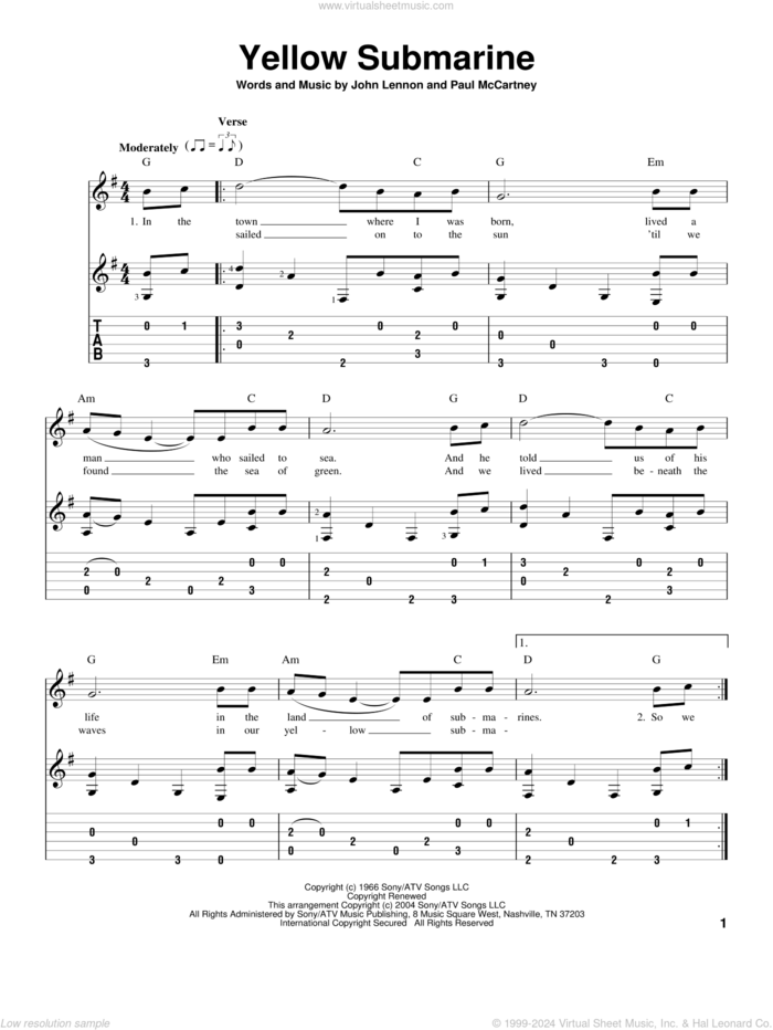 Yellow Submarine, (intermediate) sheet music for guitar solo by The Beatles, John Lennon and Paul McCartney, intermediate skill level