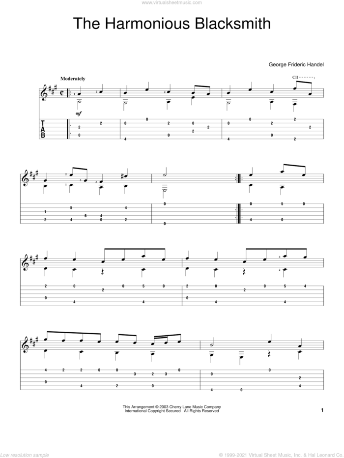 The Harmonious Blacksmith sheet music for guitar solo by George Frideric Handel, classical score, intermediate skill level