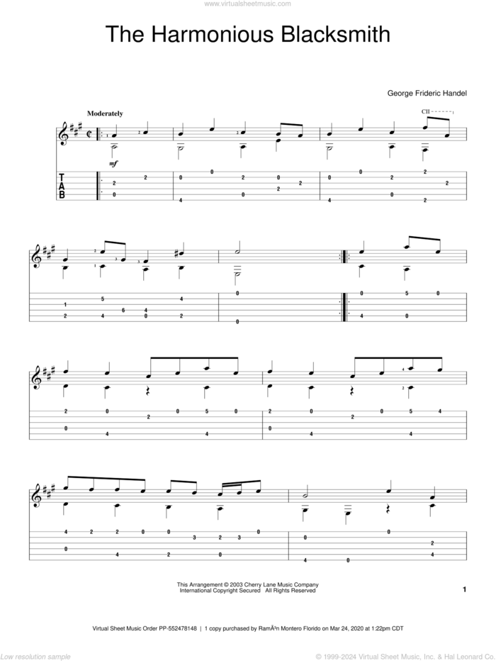 The Harmonious Blacksmith sheet music for guitar solo by George Frideric Handel, classical score, intermediate skill level