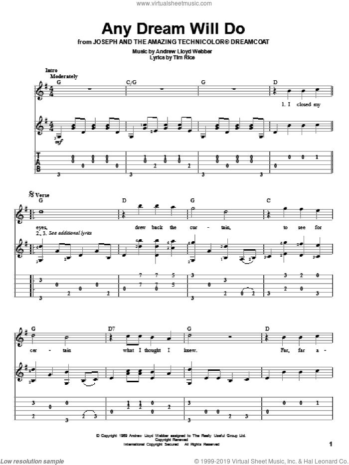 Any Dream Will Do (from Joseph and the Amazing Technicolor Dreamcoat) sheet music for guitar solo by Andrew Lloyd Webber, Joseph And The Amazing Technicolor Dreamcoat (Musical) and Tim Rice, intermediate skill level